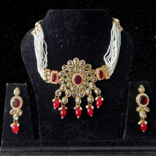 Beautiful Choker Necklace Set With Red Stone