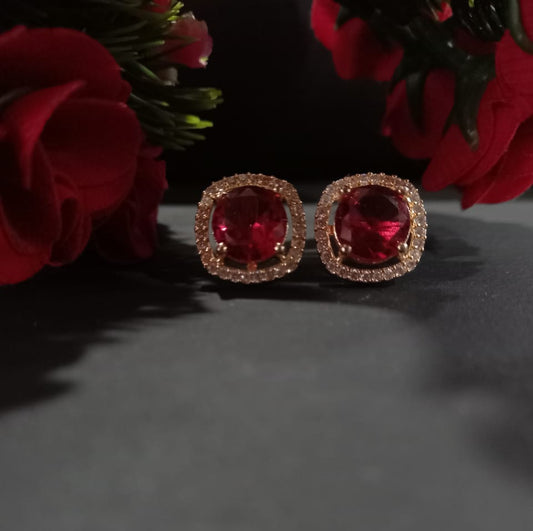 Elegant Ruby Red Halo Studs